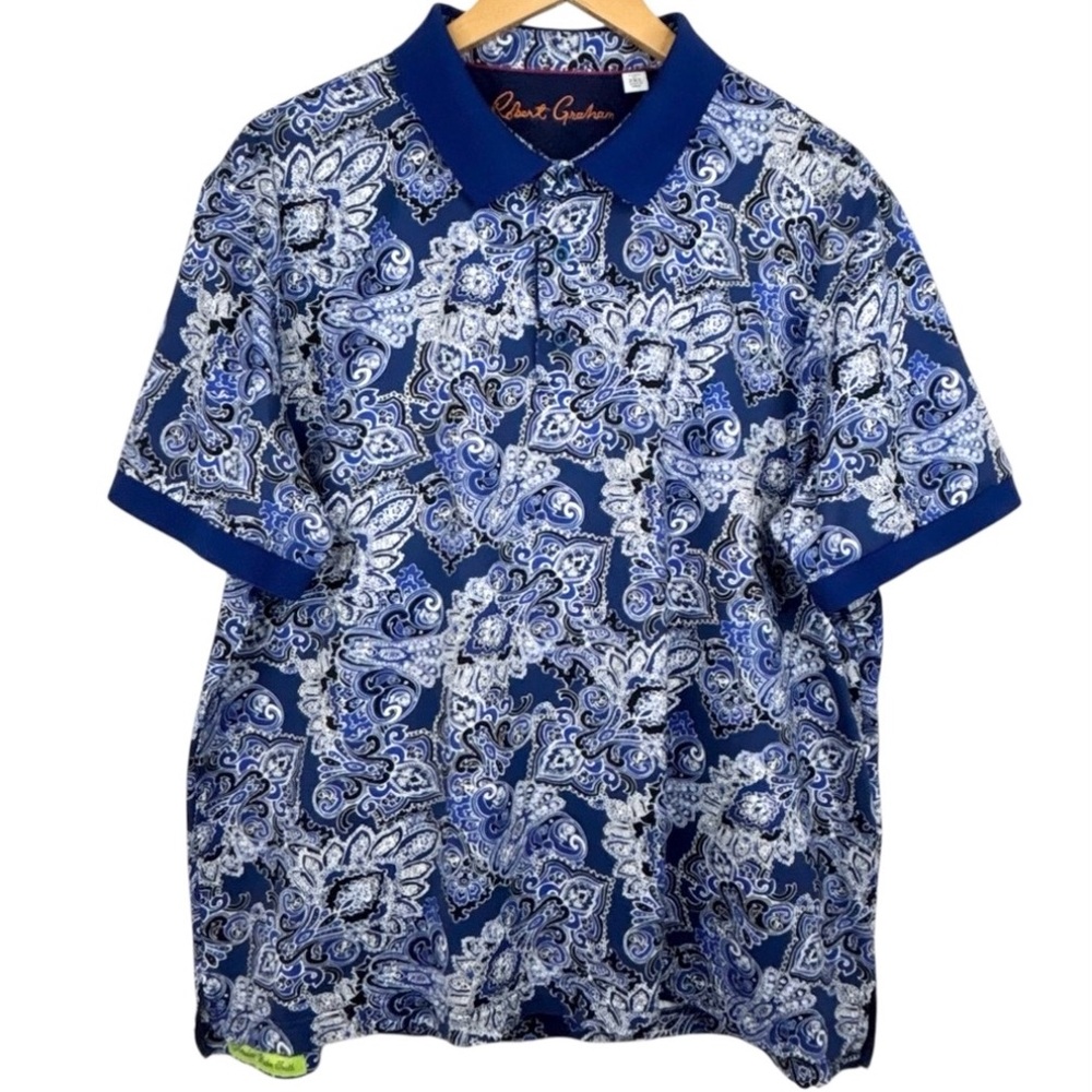 Robert Graham Blue with Black & White Paisley Pattern 100% Cotton Polo Shirt 2XL